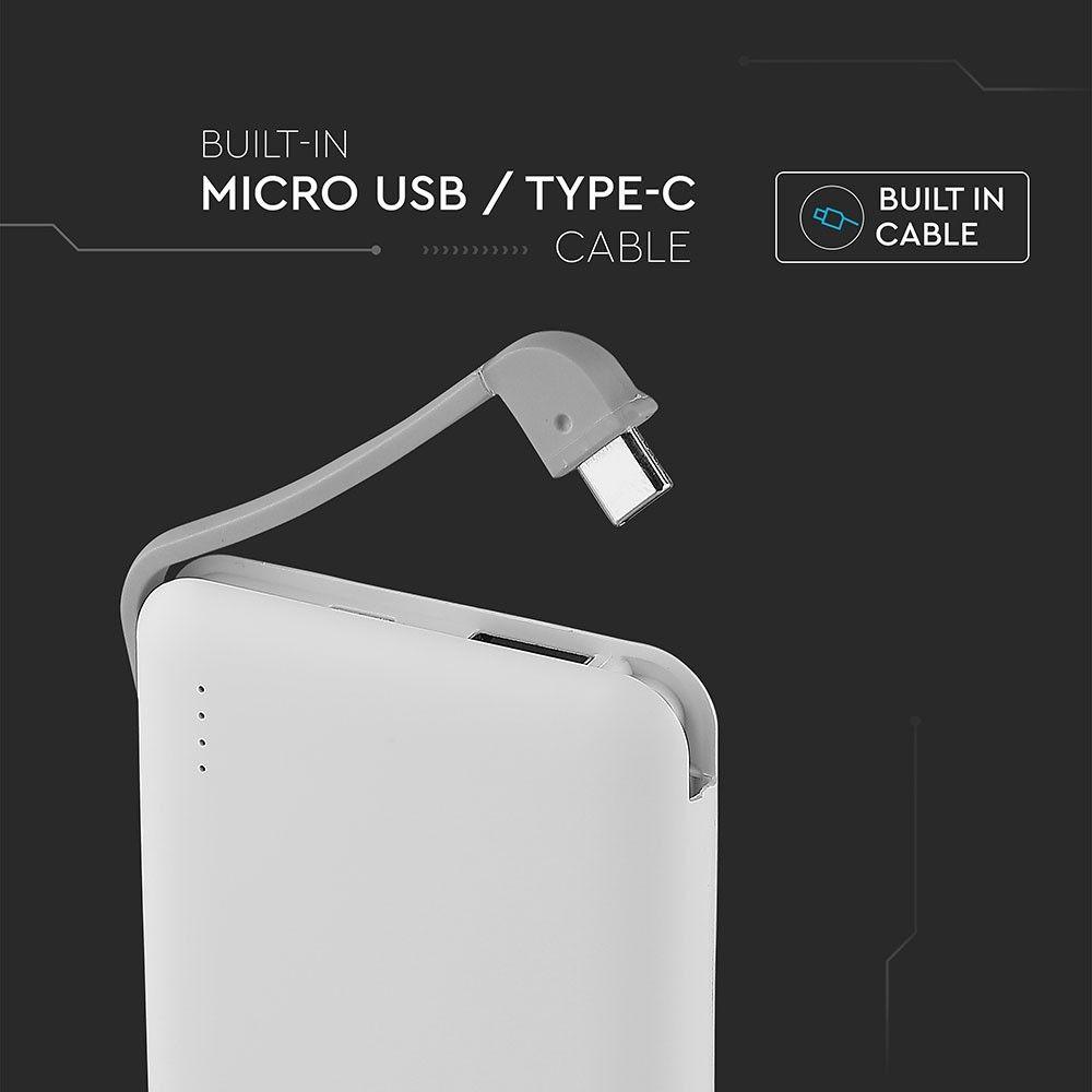 Power Bank z przyłączem Mikro USB, Litowo Polimerowy - 3.7V, 5000mAh, Biały, VTAC, SKU 8864