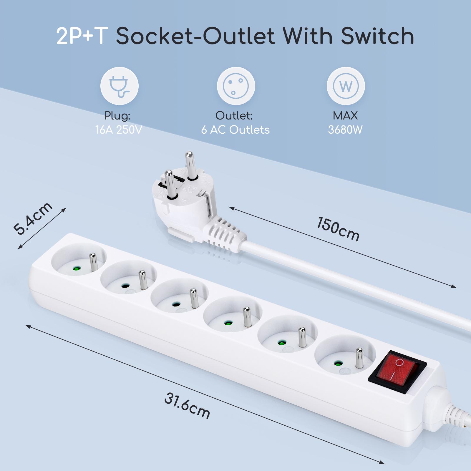 Listwa zasilająca na 6 gniazd typu francuskiego z przełącznikiem 1,5 m 3G 1.0mm² biała