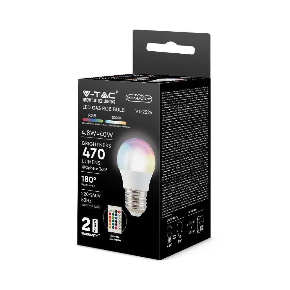 4.8W G45 Żarówka LED sterowana pilotem, Barwa:RGB+3000K, Ściemniana, Trzonek:E27, VTAC, SKU 3028