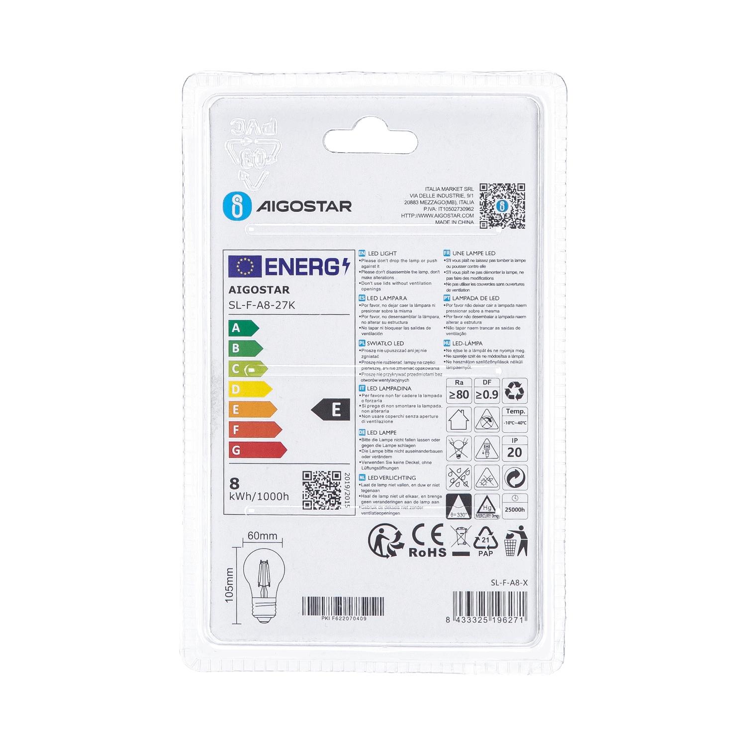 Żarówka LED Filament (Przezroczysta) A60 E27 8W(8W,E27,2700K,950lm)