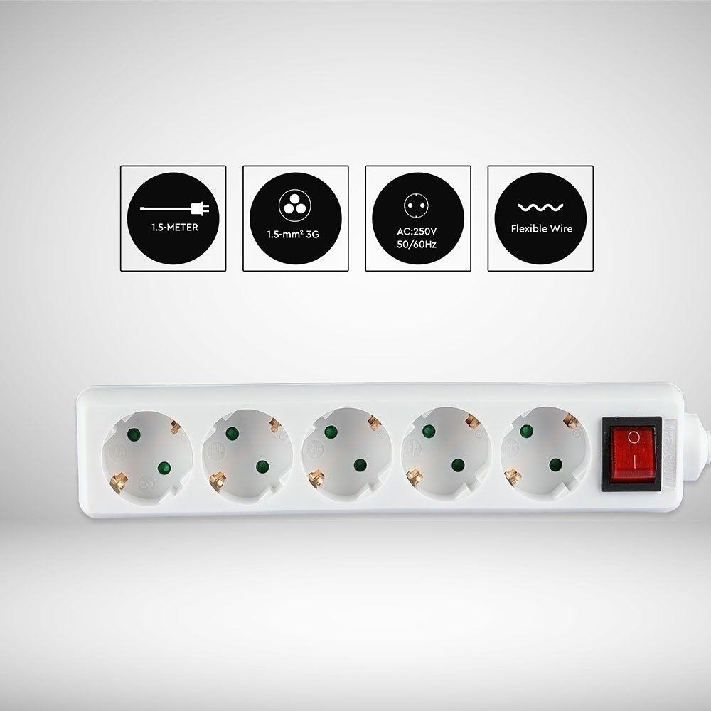 Przedłużacz mieszkaniowy z wyłącznikiem 5 GN., 3x1.5 G. X 1.5M, Biały, VTAC, SKU 8766