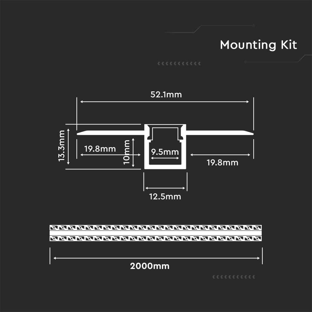 VT-8102 MOUNTING KIT WITH DIFFUSER FOR LED STRIP RECESSED 2000x52.1x13.3MM SILVER