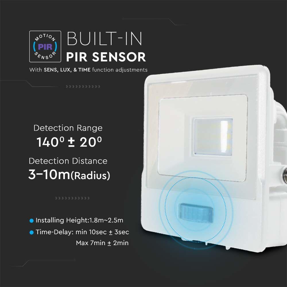 10W Naświetlacz LED SMD z czujnikiem ruchu i mufą kablową, Chip SAMSUNG, Barwa:3000K, Obudowa: Biała, VTAC, SKU 20268