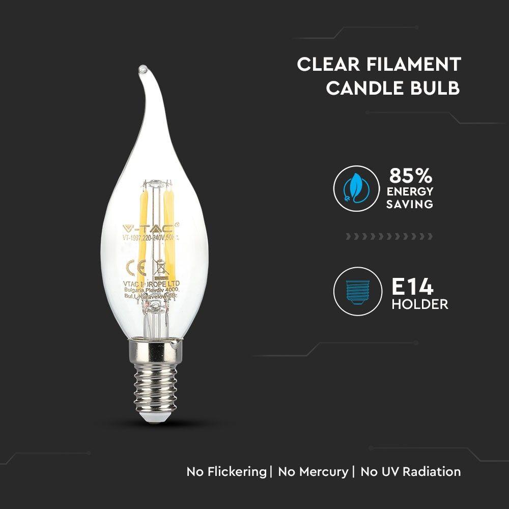 VT-264 4W CANDLE FLAME FILAMENT BULB-CLEAR GLASS SAMSUNG CHIP 2700K E14