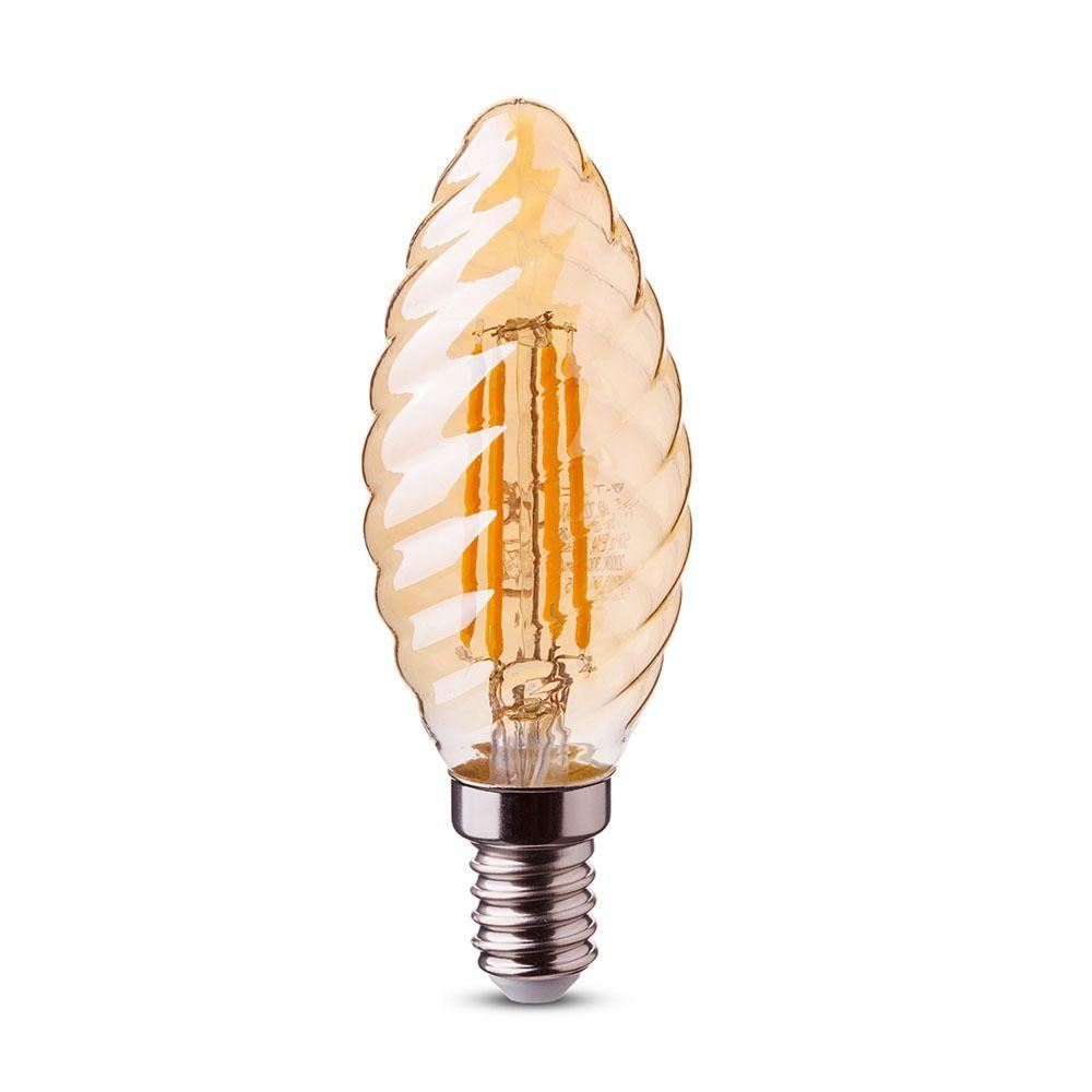 4W C35 Żarówka LED Filament, Klosz: Bursztynowy kręcony, Barwa:2200K, Trzonek:E14, VTAC, SKU 7115