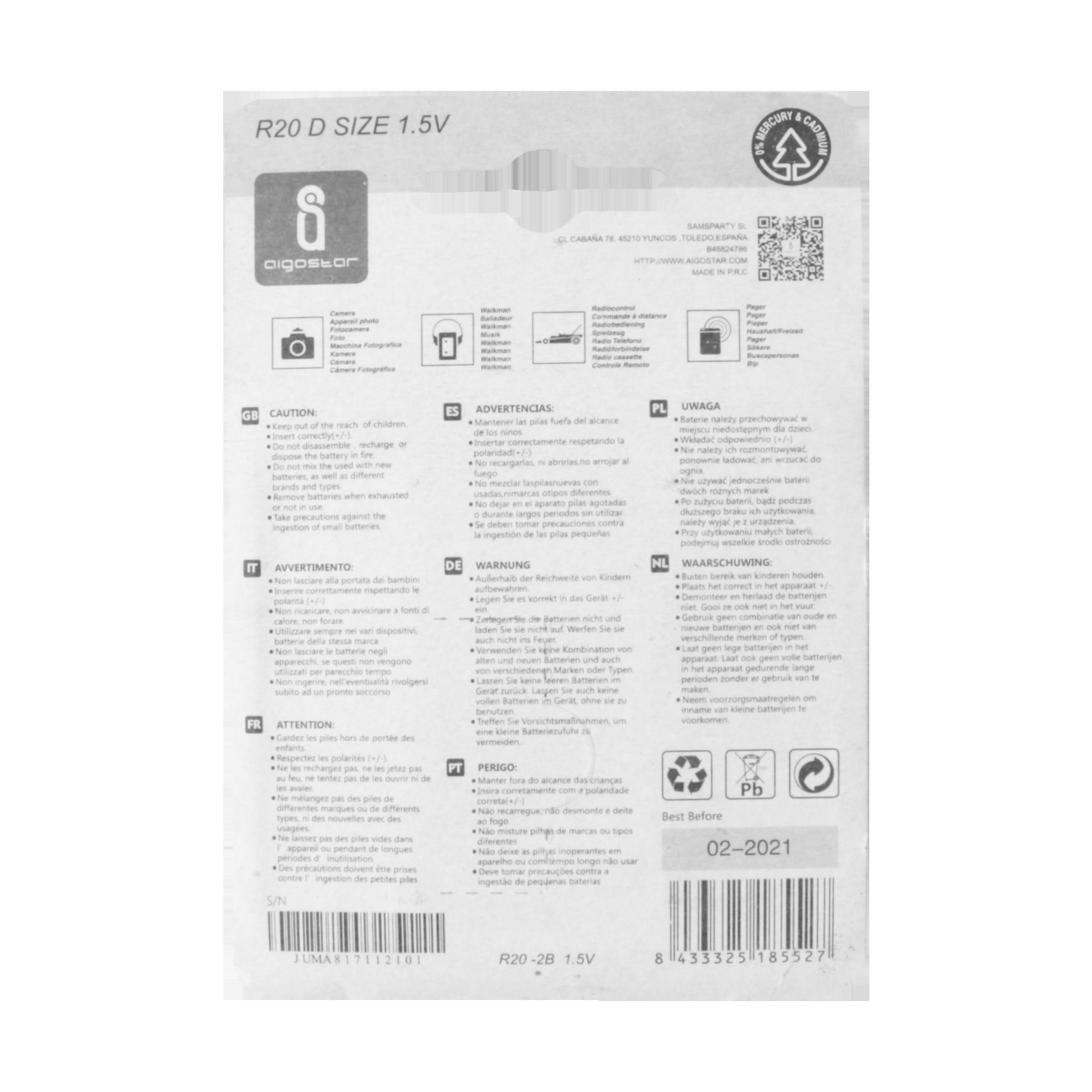 Carbon-zinc battery R20 D-2B 1.5V 2pcs