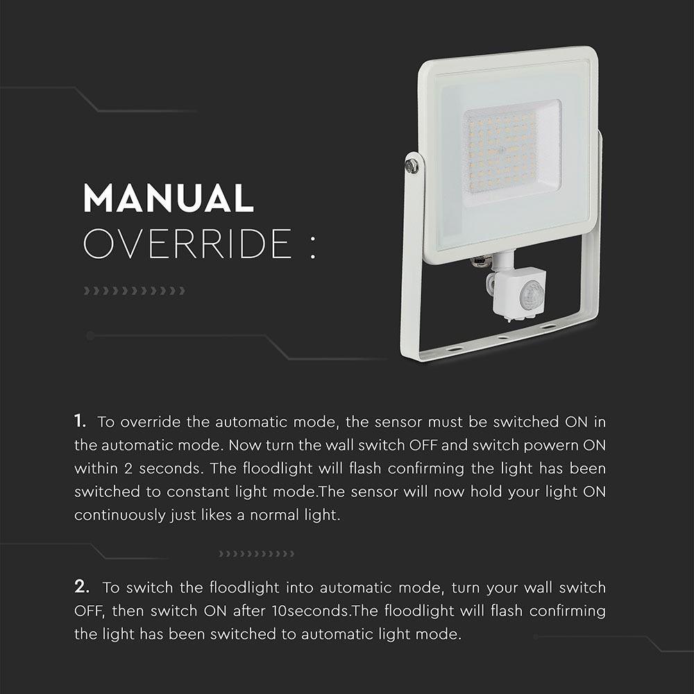 50W Naświetlacz LED SMD z czujnikiem ruchu, Chip SAMSUNG, Barwa:6400K, Obudowa: Biała , VTAC, SKU 468