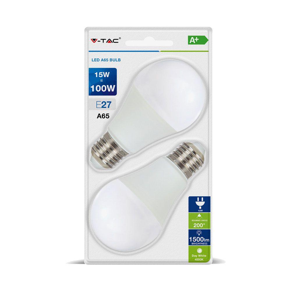 15W A65 Żarówka LED, Barwa:2700K, Blister 2 szt., Trzonek E27, VTAC, SKU 7300