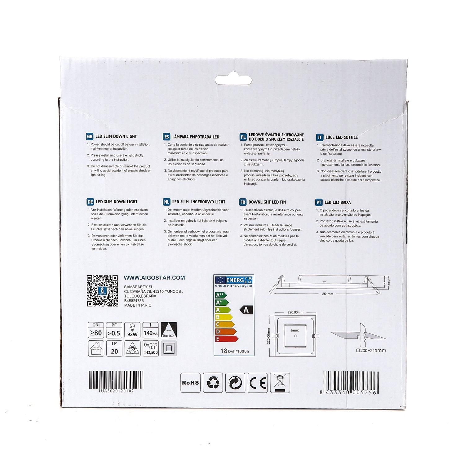 Ultracienki kwadratowy downlight podtynkowy LED 18W Światło białe