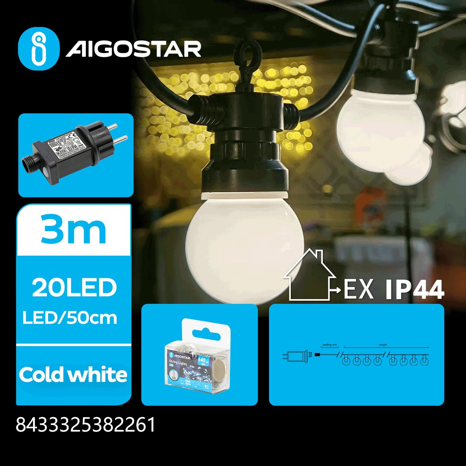 Low voltage light string -G50 bubble column - Cold white -3M+10M-20LED-50CM/ LED-Black line -8 function + timing + memory IP44