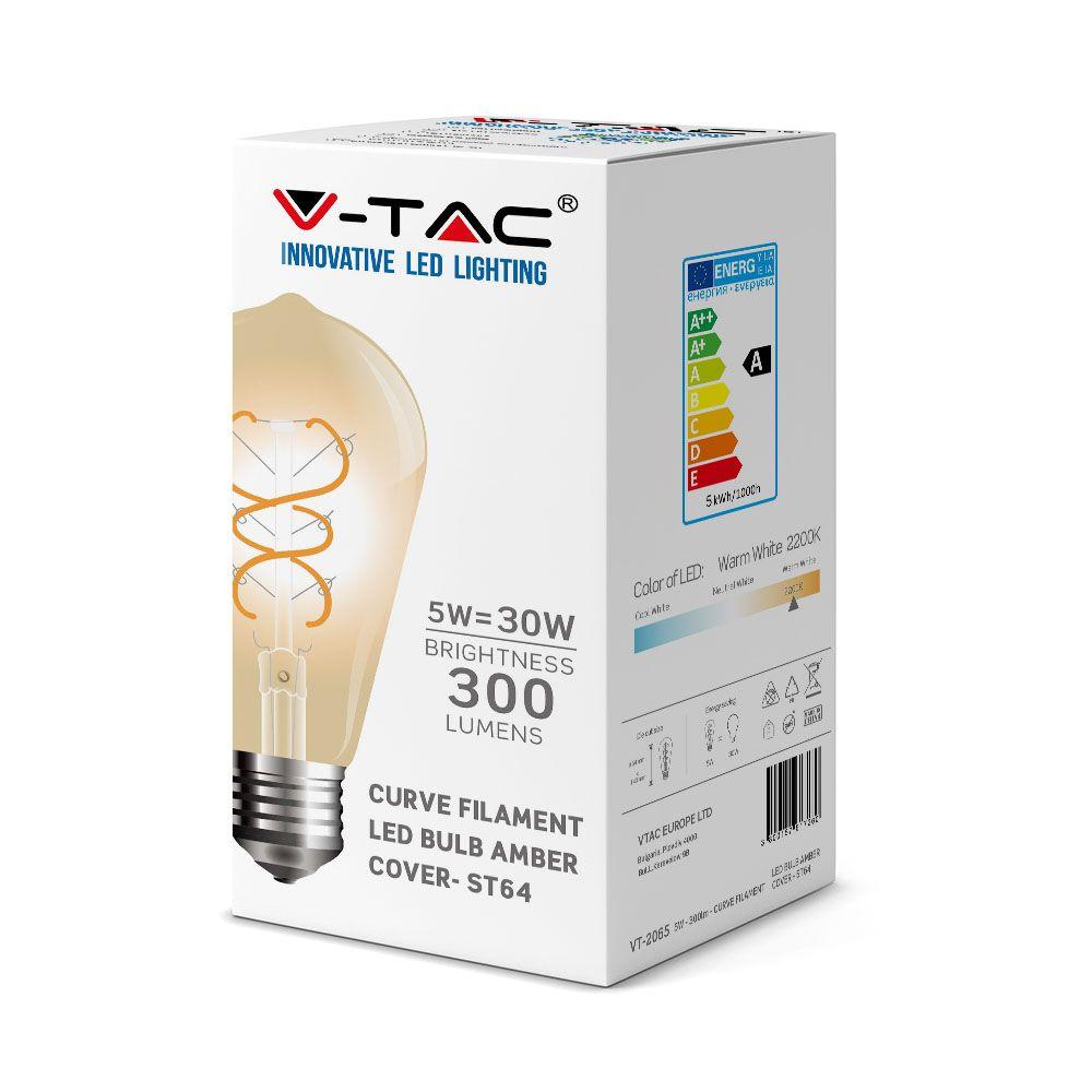 5W ST64 Żarówka LED Filament, Barwa:2200K, Klosz: Bursztynowy, Trzonek: E27, VTAC, SKU 7218