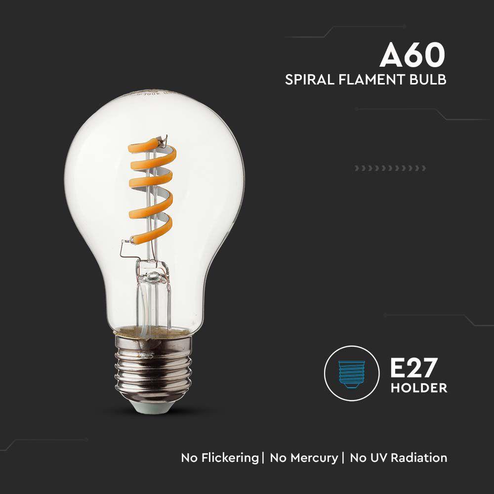 4W Żarówka LED Filament - Spiralna, Klosz: Transparentny, Trzonek:E27, Barwa:3000K, VTAC, SKU 217336