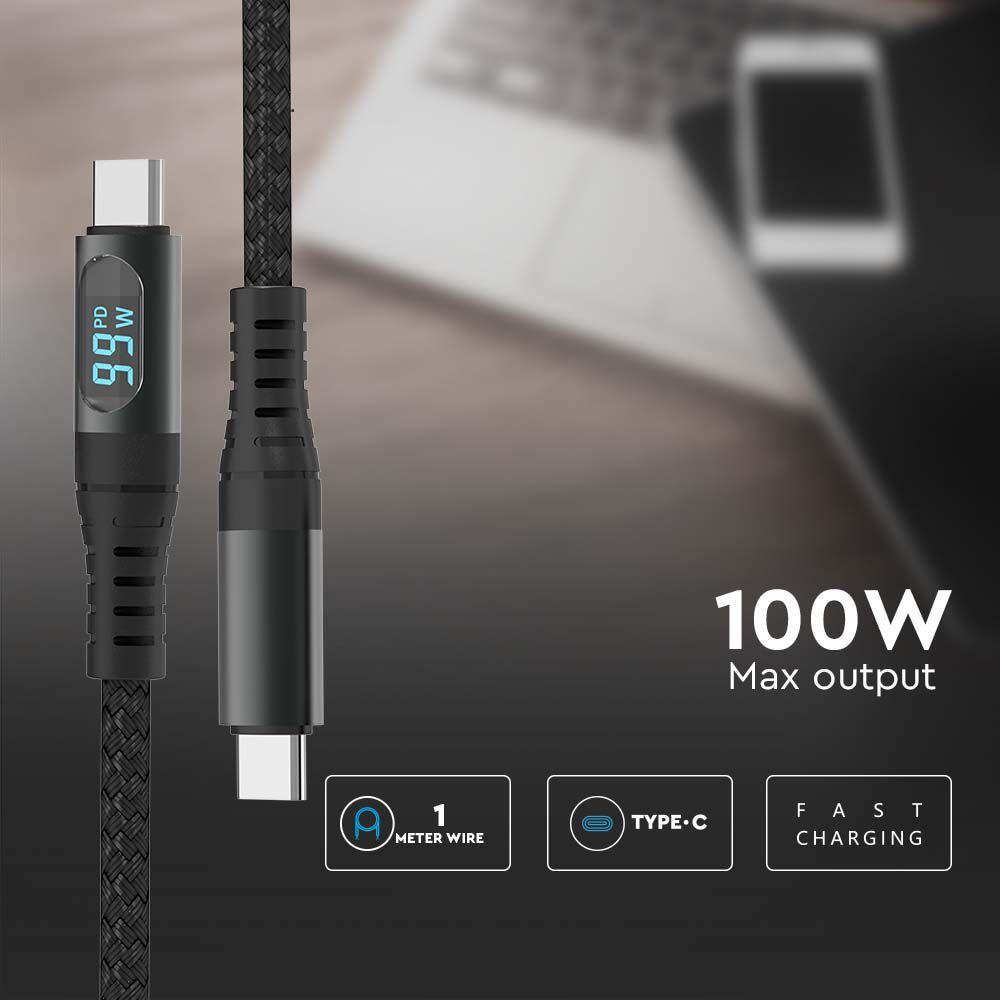 Przewód USB z wyświetlaczem typ: C, Fast Charging, 1m, Czarny, VTAC, SKU 7746