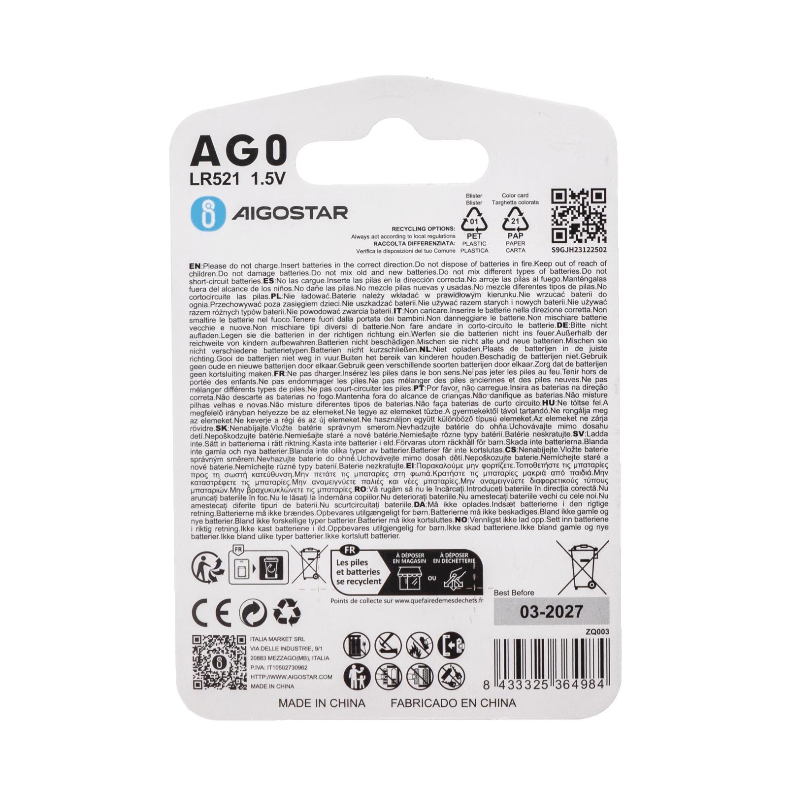 Coin cell batteries AG0/LR521 1.5V 4PCS