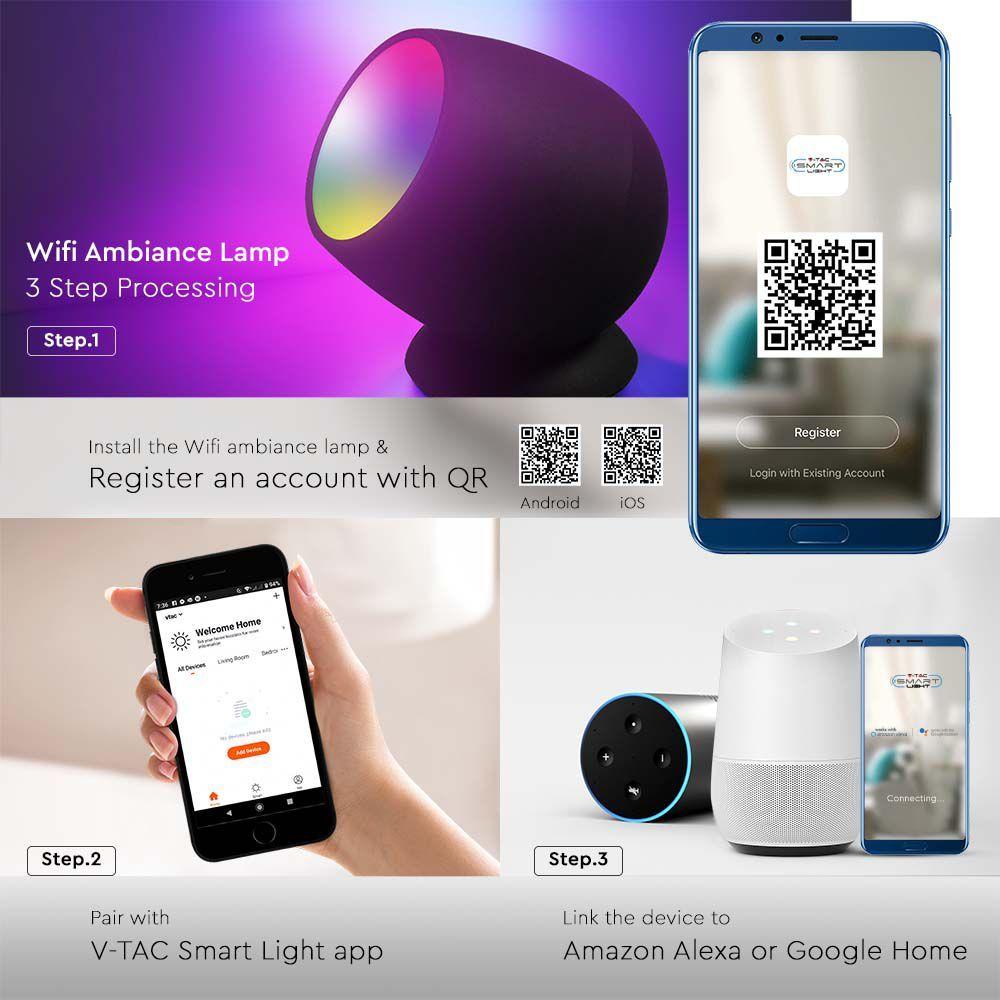 2.2W Lampka LED AMBIANCE WIFI Kompatybilna z Amazon Alexa i Google Home, Barwa: RGB+WW+CW, Czarna, VTAC, SKU 405851