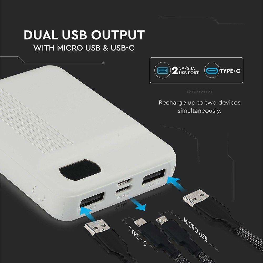 Power Bank, 3.7V, 10000mAh/37wh, 5V, Biały, VTAC, SKU 8851