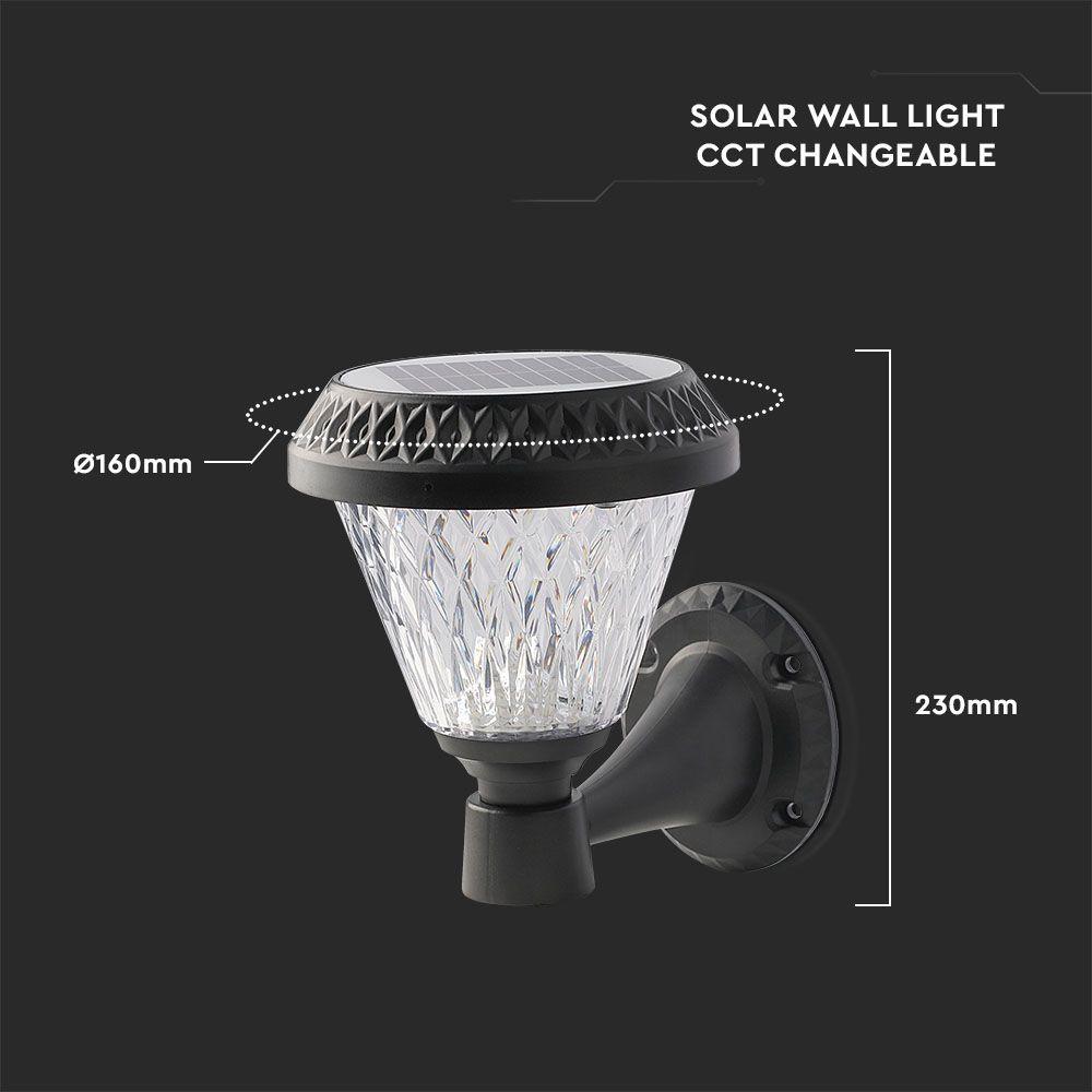 Solarna kinkiet ogrodowy, Wysokość: 230 mm, Obudowa: Czarna, Barwa:3w1, IP44, , VTAC, SKU 93575