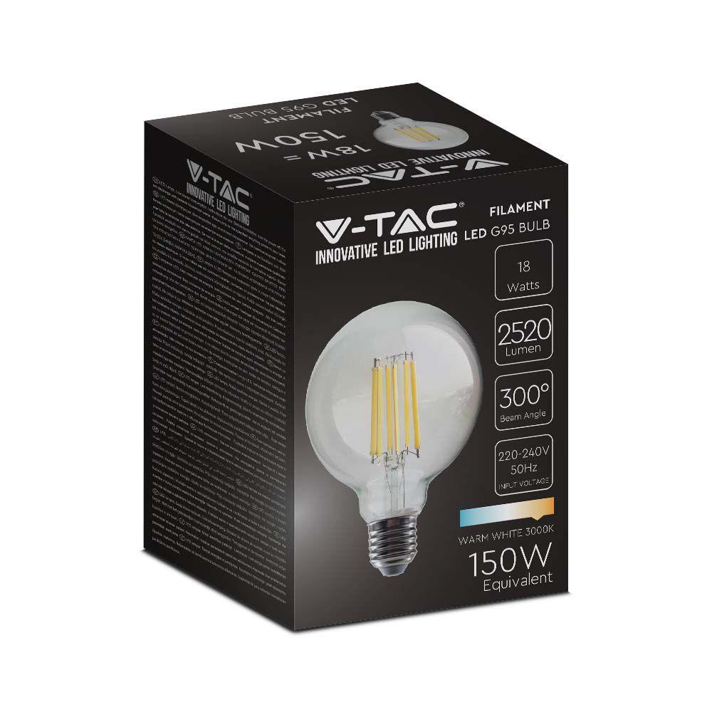 18W G95 Żarówka LED Filament, Barwa:3000K, Skuteczność: 135lm/W, Trzonek:E27, VTAC, SKU 212803