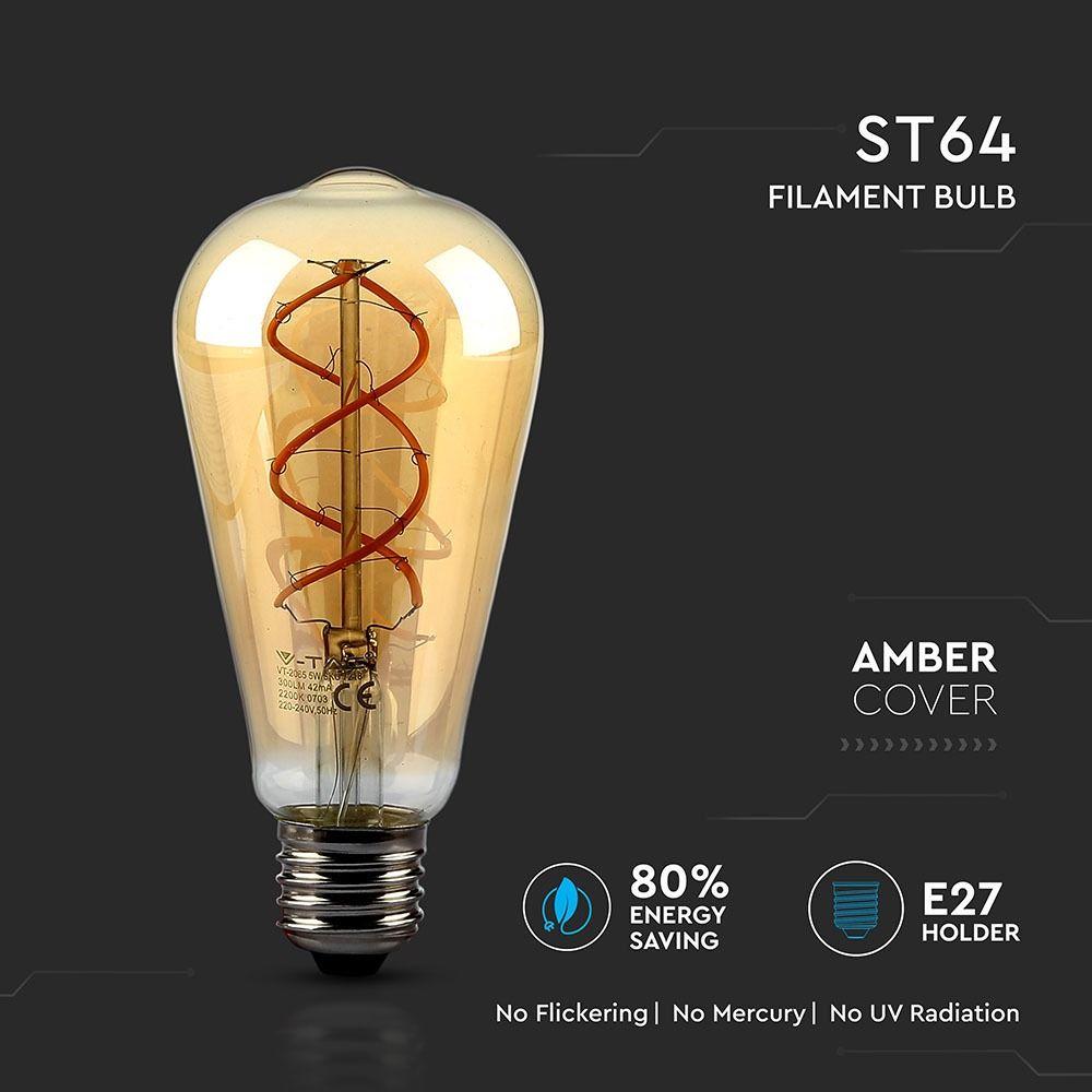 5W ST64 Żarówka LED Filament, Barwa:2200K, Klosz: Bursztynowy, Trzonek: E27, VTAC, SKU 7218