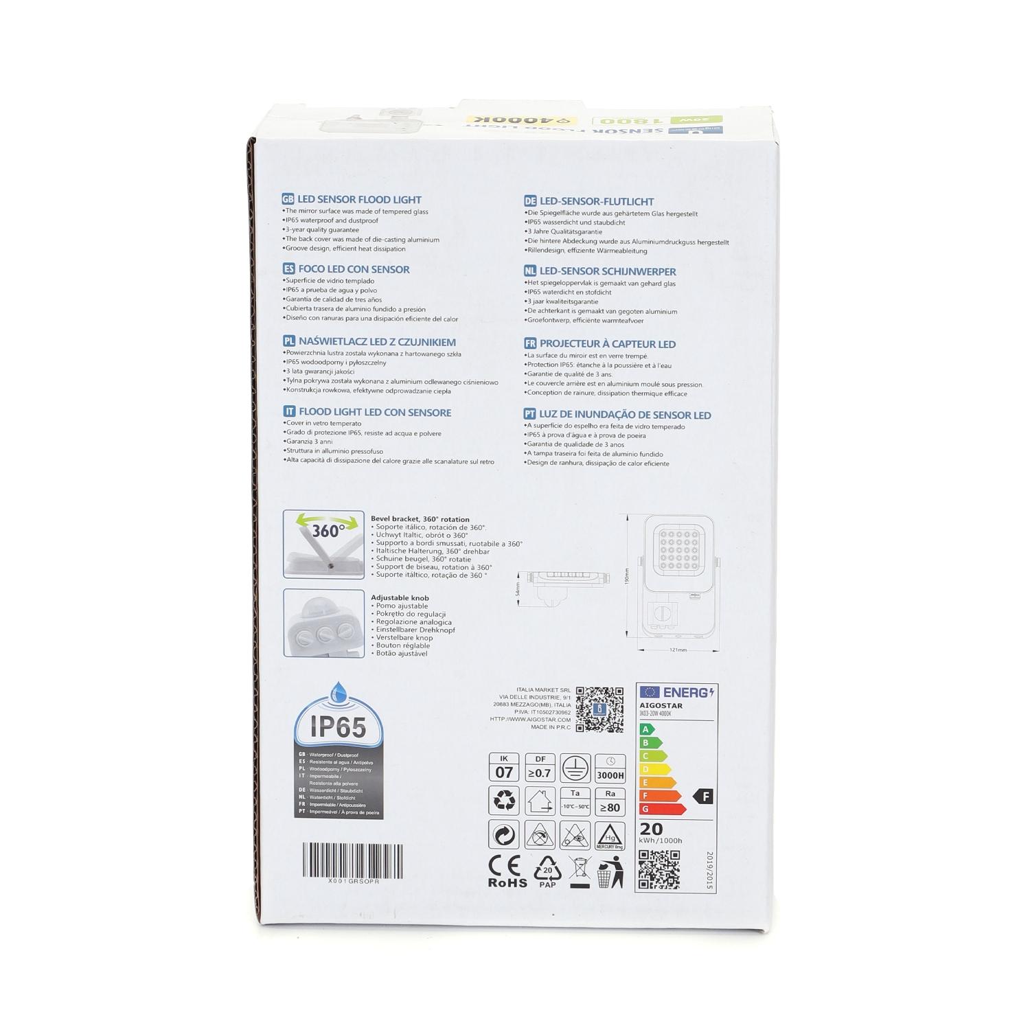 LED Floodlight with Sensor White 20W