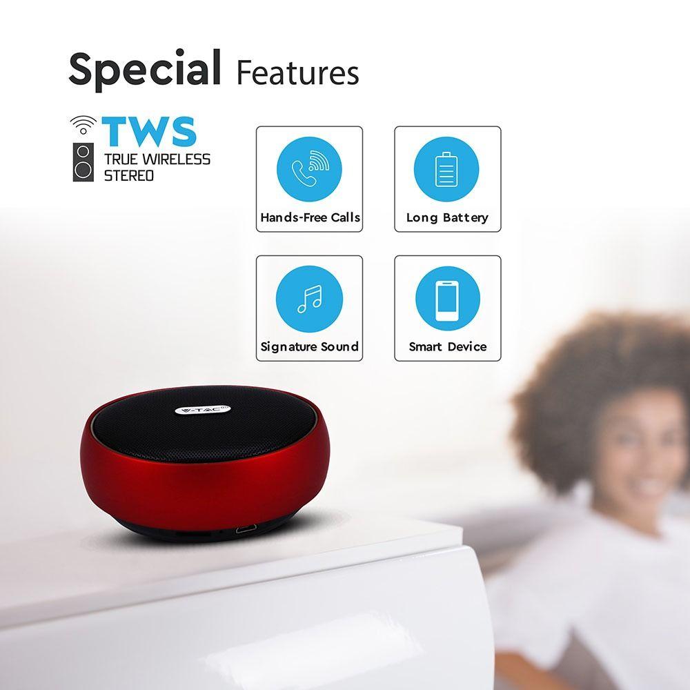 Głośnik bluetooth z funkcją TWS, Obudowa: metal/AUX/USB/Slot MICRO SD/800mAh, Czerwony, VTAC, SKU 7716