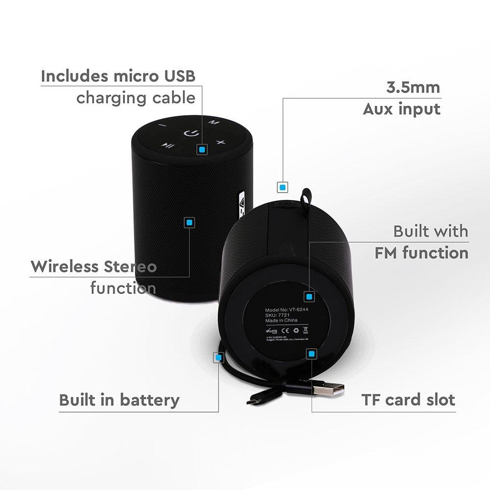 Przenośny głośnik bluetooth z funkcją TWS, AUX/USB/Slot MICRO SD/1500mAh/ Czarny, VTAC, SKU 7721