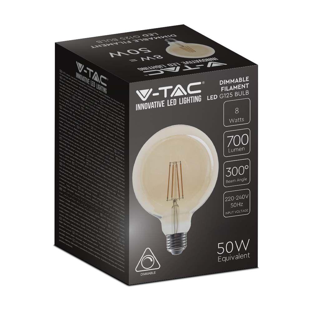 8W G125 Żarówka LED Filament, Klosz Bursztynowy, Ściemniana, Barwa:2200K, Trzonek:E27, VTAC, SKU 217155