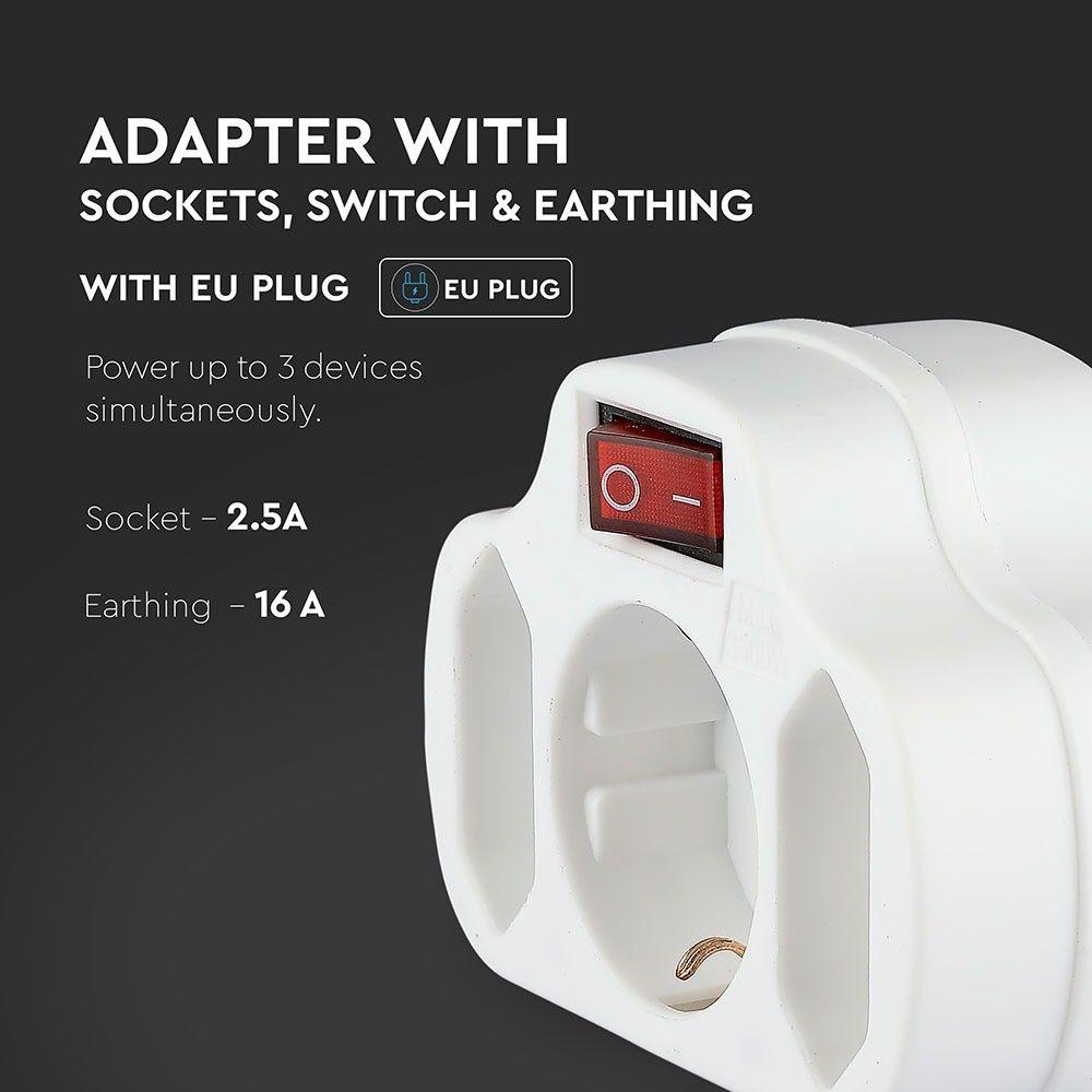 VT-1063 ADAPTER WITH 2 SOCKET 2.5A 1 SOCKET 16A WITH &EARTHING -WHITE