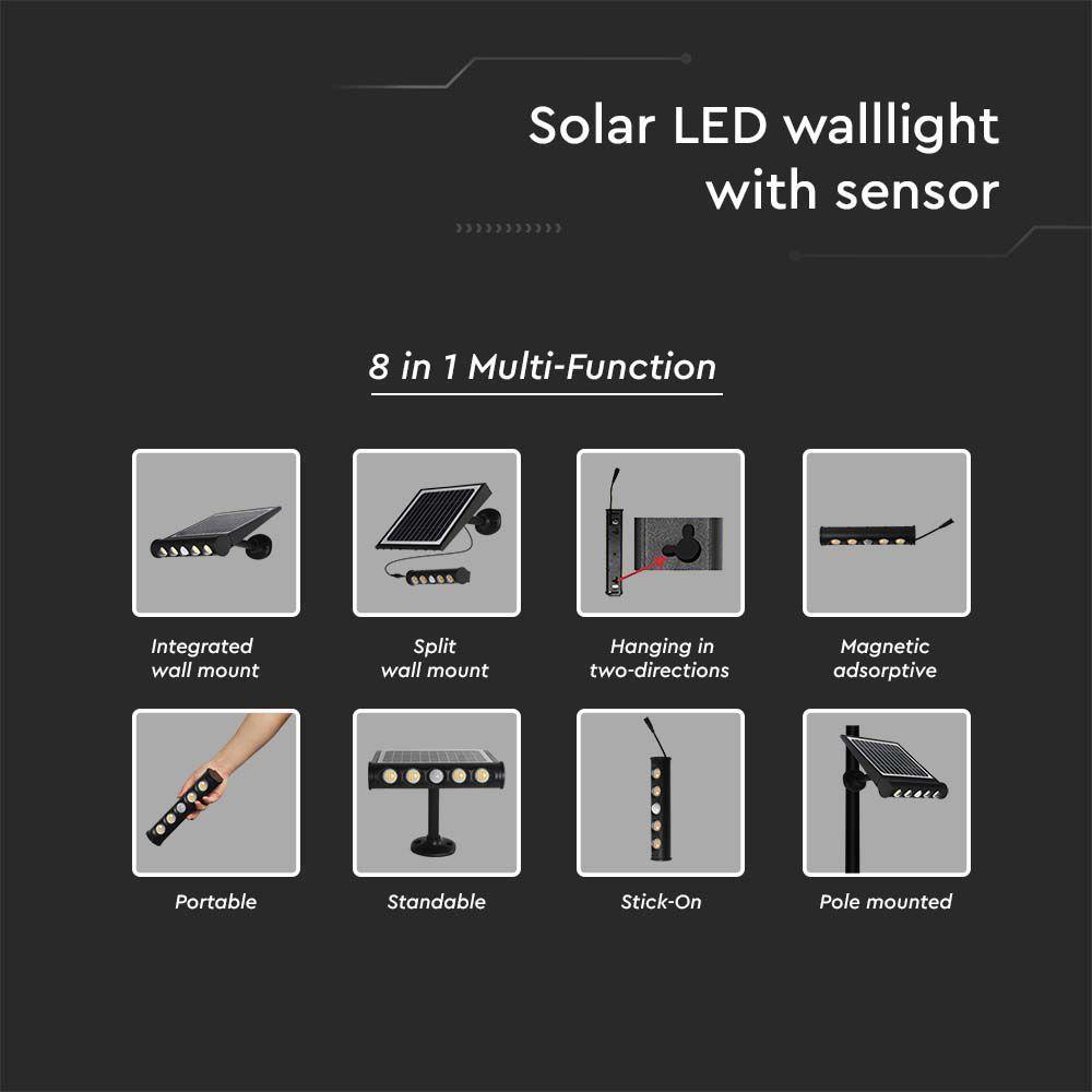 8W Solarny Naświetlacz LED z czujnikiem ruchu, Barwa:4000K, Obudowa: Czarna, IP65, VTAC, SKU 6849