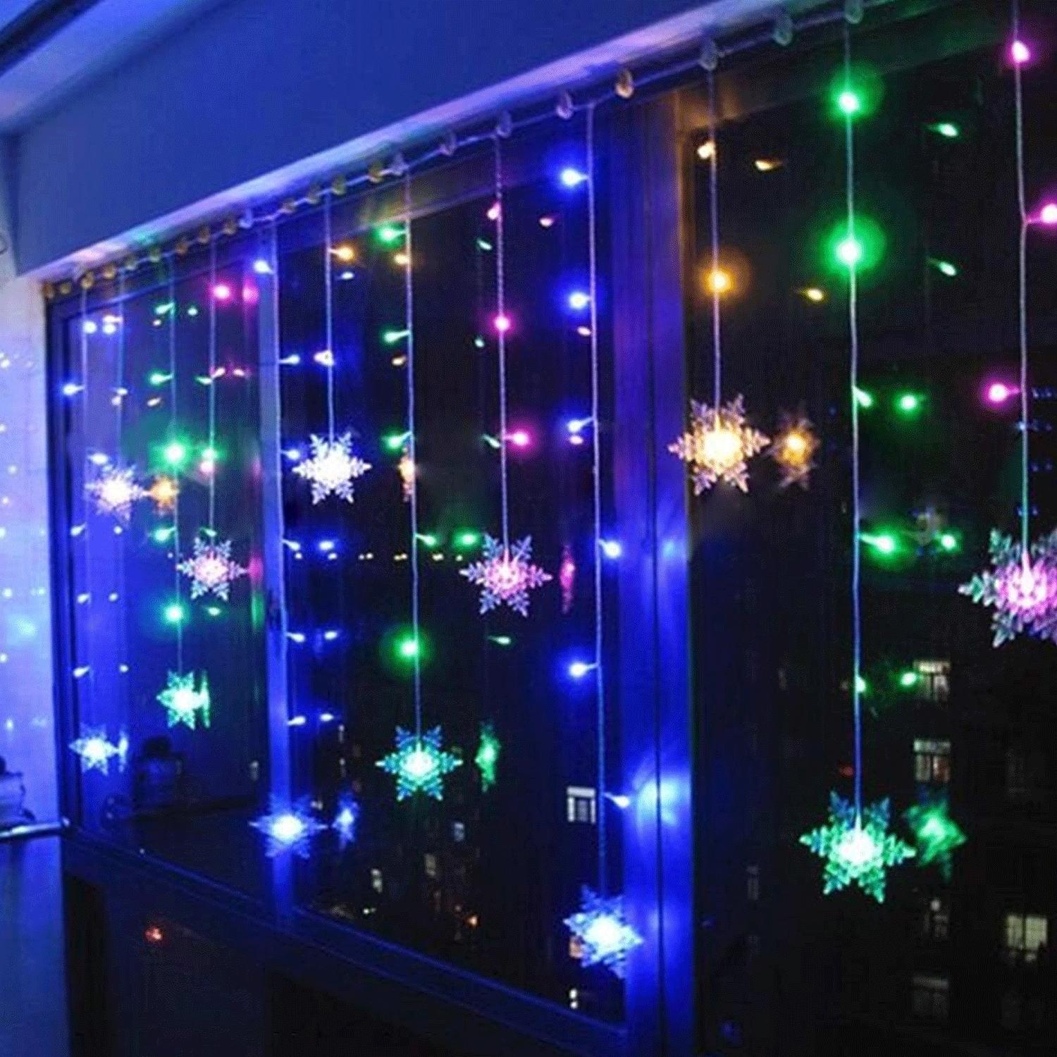 Tandem curtain Solar Icicle(Wave) Flat String Lights Snowflake pendant-RGBY-3M+3M*0.6M-0.4M-100LED-12string 60.40-transparent wire-8blink+time with control+IP44