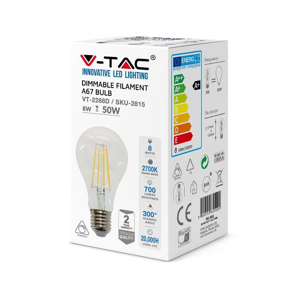 VT-2288D 8W A67 LED FILAMENT BULB 2700K E27 DIMMABLE