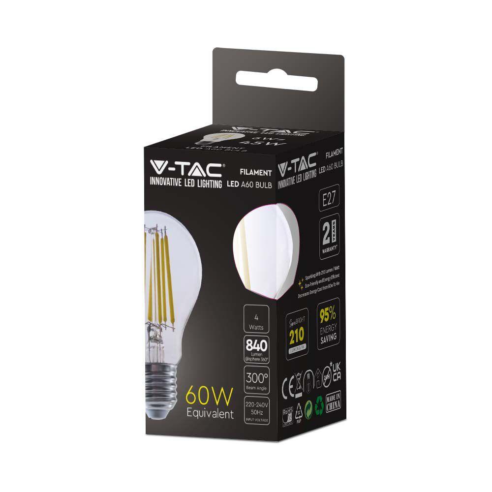 4W A60 Żarówka LED Filament, Klosz Transparentny, Barwa:3000K, Trzonek:E27, Skuteczność: 210lm/W, VTAC, SKU 2990