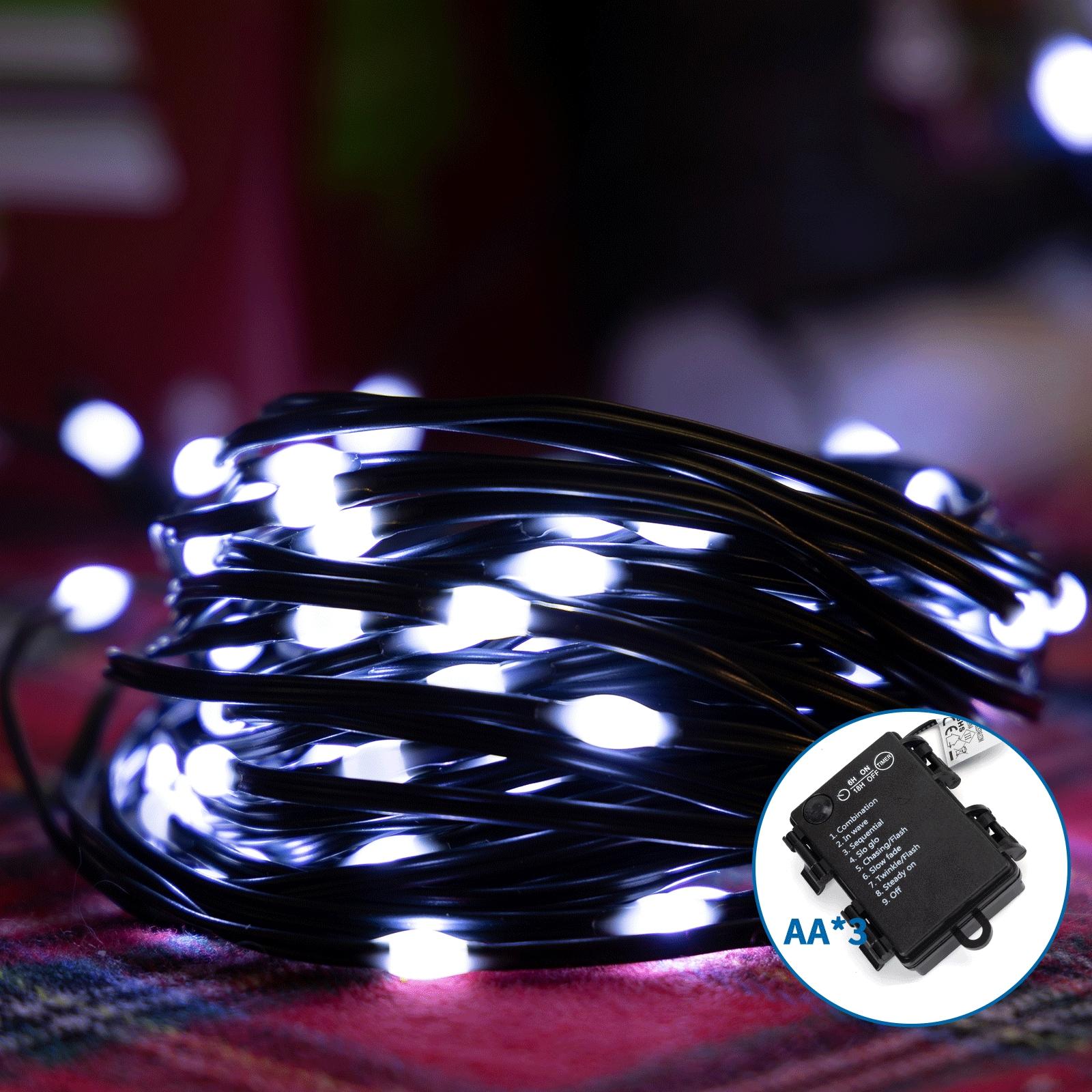 3AA battery string lights (PVC & copper), cold white, 10m