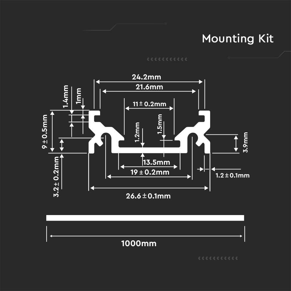 MOUNTING KIT WITH DIFFUSER FOR LED STRIP SURFACE 25X10X1000MM MATT