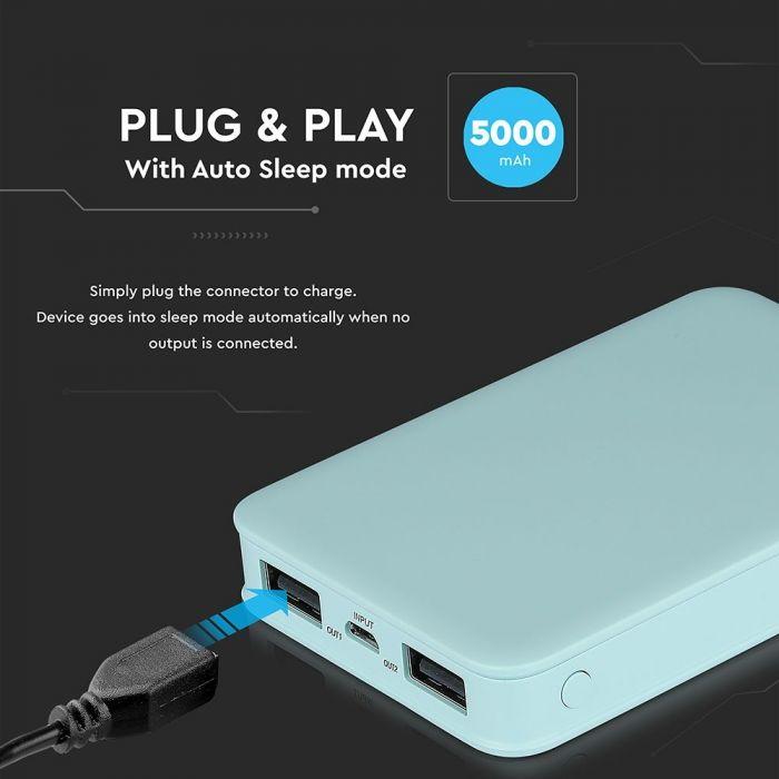 Power Bank, 5000mAh/18.5wh, 5V, Niebieski, VTAC, SKU 8195