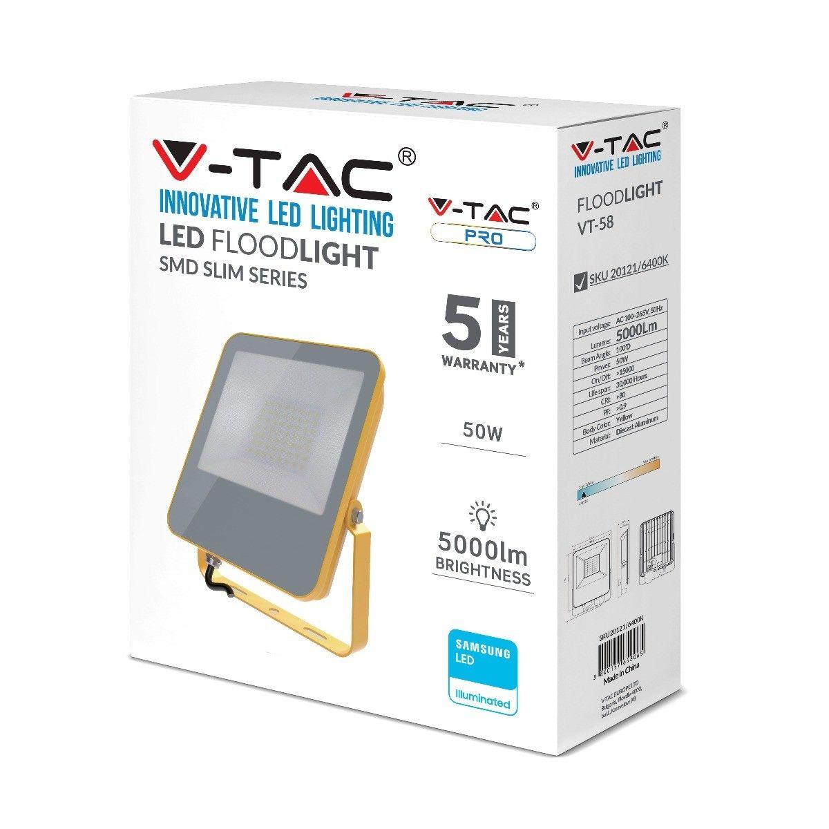 VT-58 50W LED WORK FLOODLIGHT SAMSUNG CHIP 6400K YELLOW BODY GREY GLASS