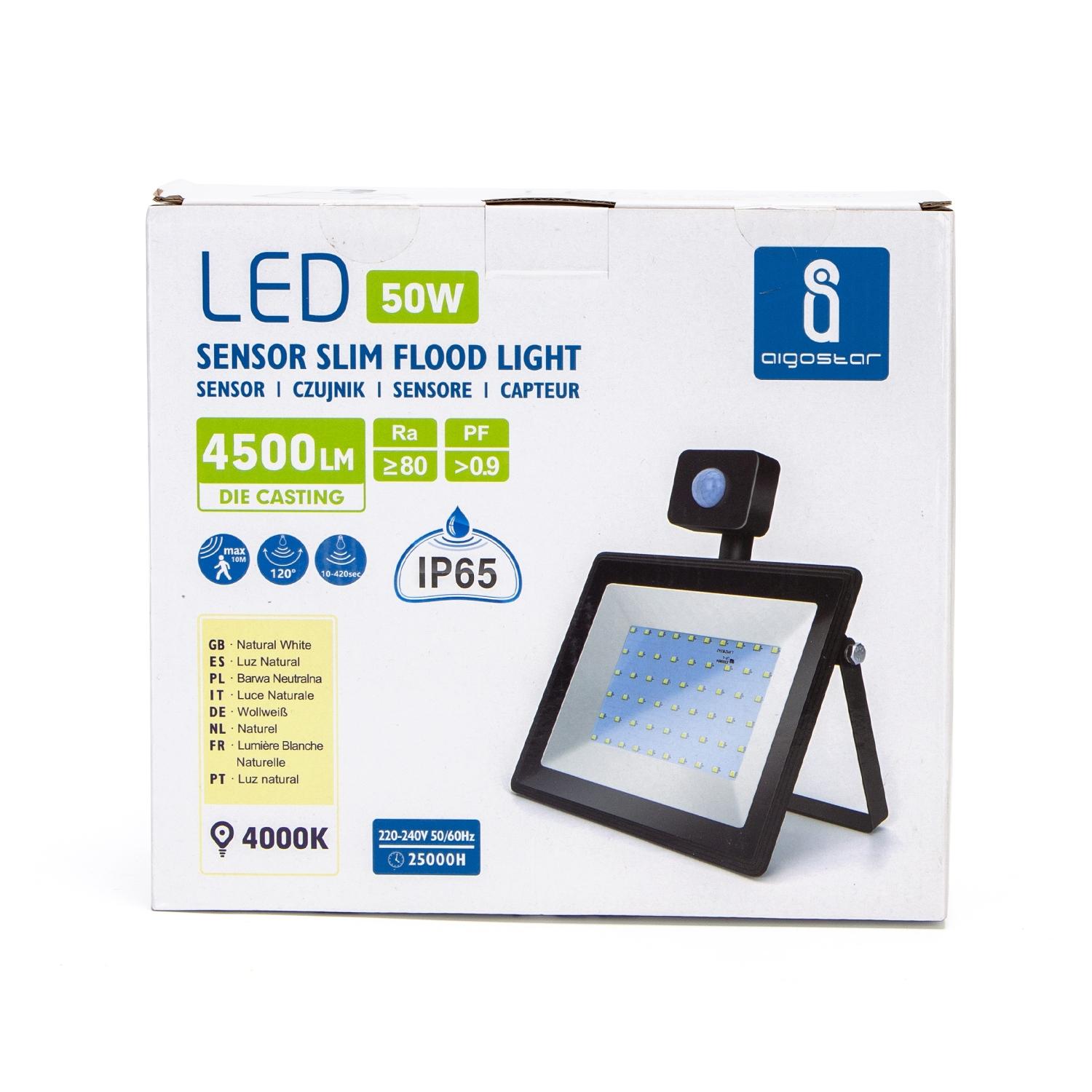 LED Slim Floodlight with Sensor Black 50W (Die-casting)