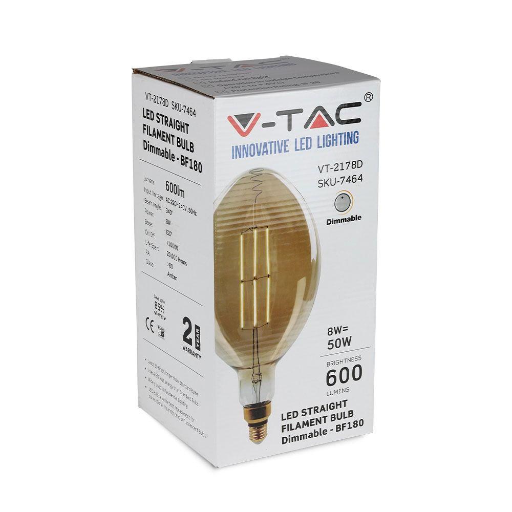 VT-2178D 8W BF180 LED AMBER STRAIGHT FILAMENT BULB 2000K E27 DIMMABLE