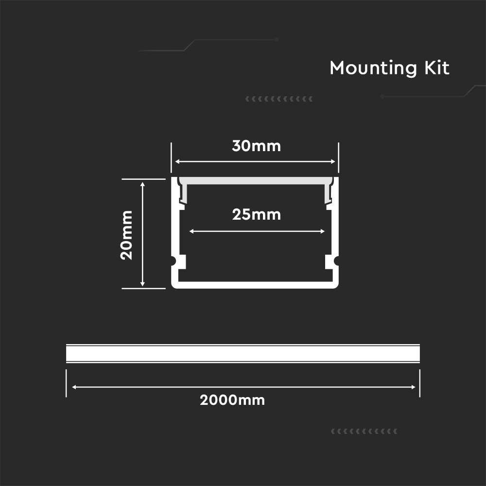 VT-8118 MOUNTING KIT WITH DIFFUSER FOR LED STRIP SURFACE 2000X30X20MM SILVER