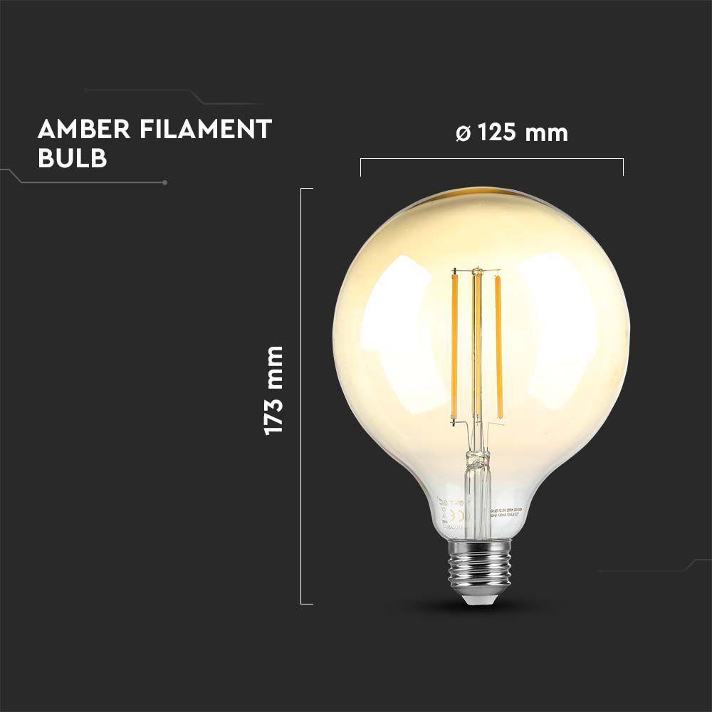 8W G125 Żarówka LED Filament, Klosz Bursztynowy, Ściemniana, Barwa:2200K, Trzonek:E27, VTAC, SKU 217155