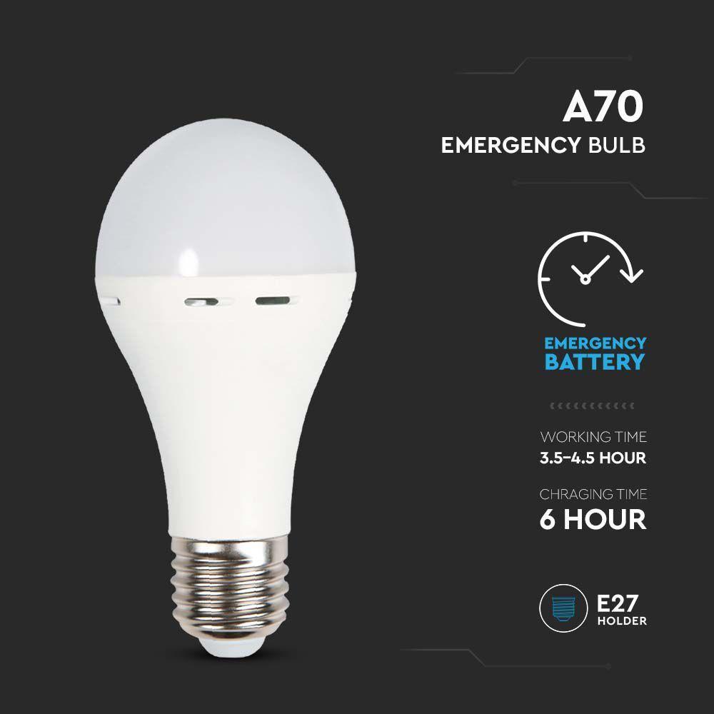 9W A70 Żarówka LED z zasilaniem awaryjnym, Czas pracy na baterii: 3 godziny, Barwa: 4000K, Trzonek: E27 , VTAC, SKU 7010