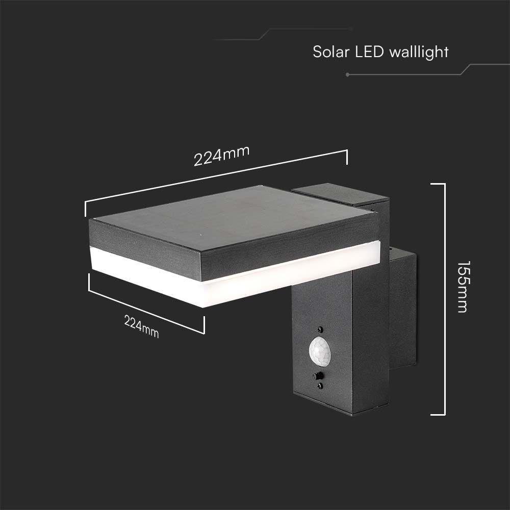 5.5W Lampa ścienna LED SMD solarna z czujnikiem PIR, Barwa: 3000K, Kształt: Kwadratowa , VTAC, SKU 10402