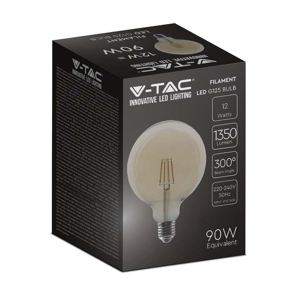 12W G125 Żarówka LED Filament, Klosz Bursztynowy, Barwa:2200K, Trzonek:E27, VTAC, SKU 217456