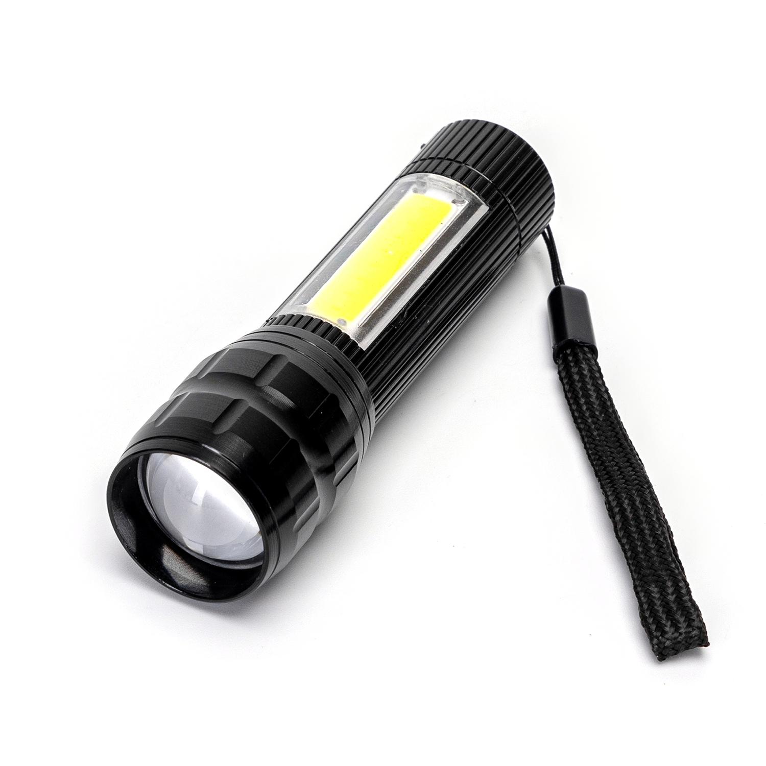 Torch with side light adjustable focus rechargeable