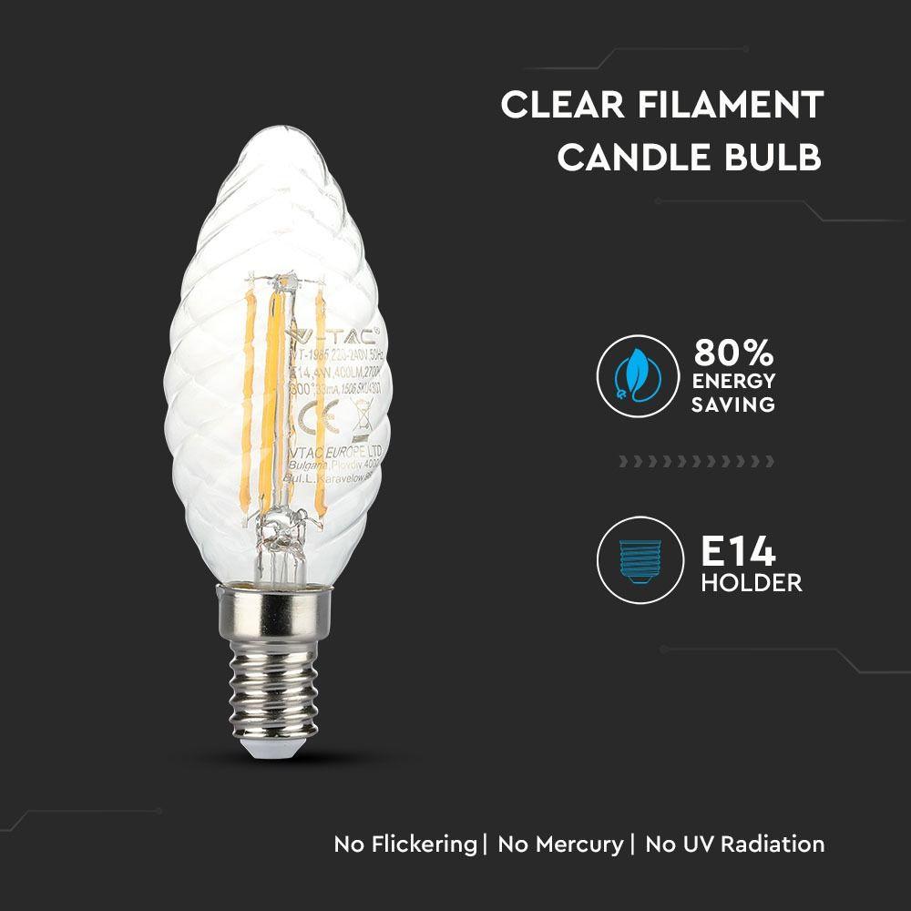 4W TWIST C35 Żarówka LED Filament, Barwa:2700K, Trzonek:E14, VTAC, SKU 4307