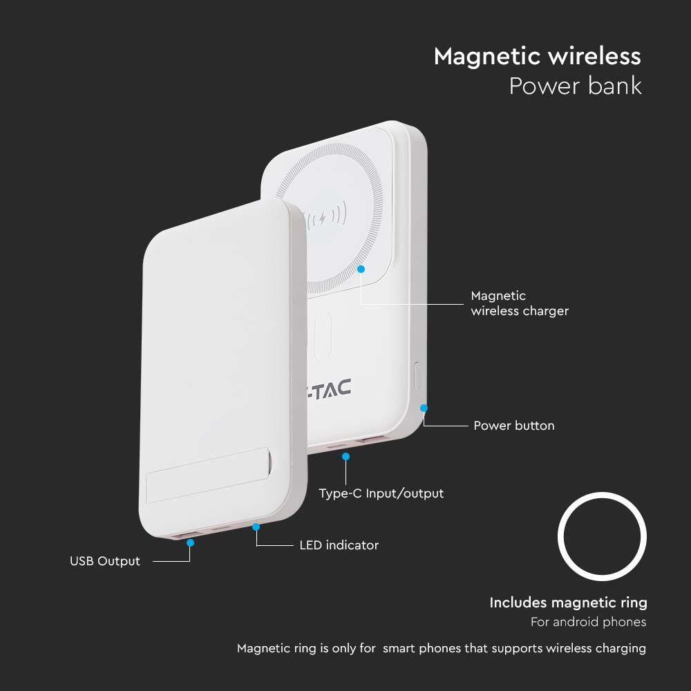 VT-3529 10000mah MAGNETIC WIRELESS POWER BANK WITH METAL RING-WHITE