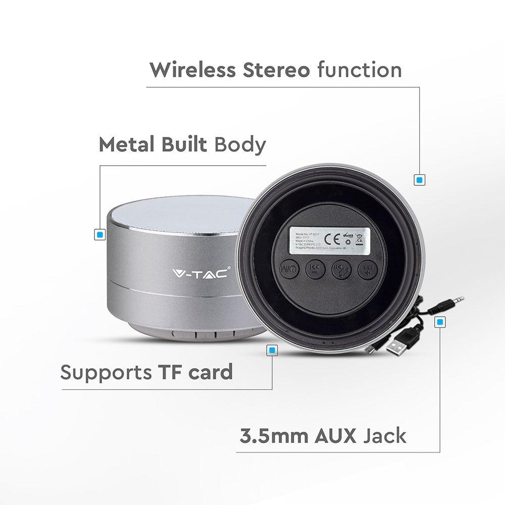 Przenośny głośnik bluetooth z mikrofonem, obudowa: metal, gniazdo USB, slot na kartę micro SD, Srebrny, VTAC, SKU 7713