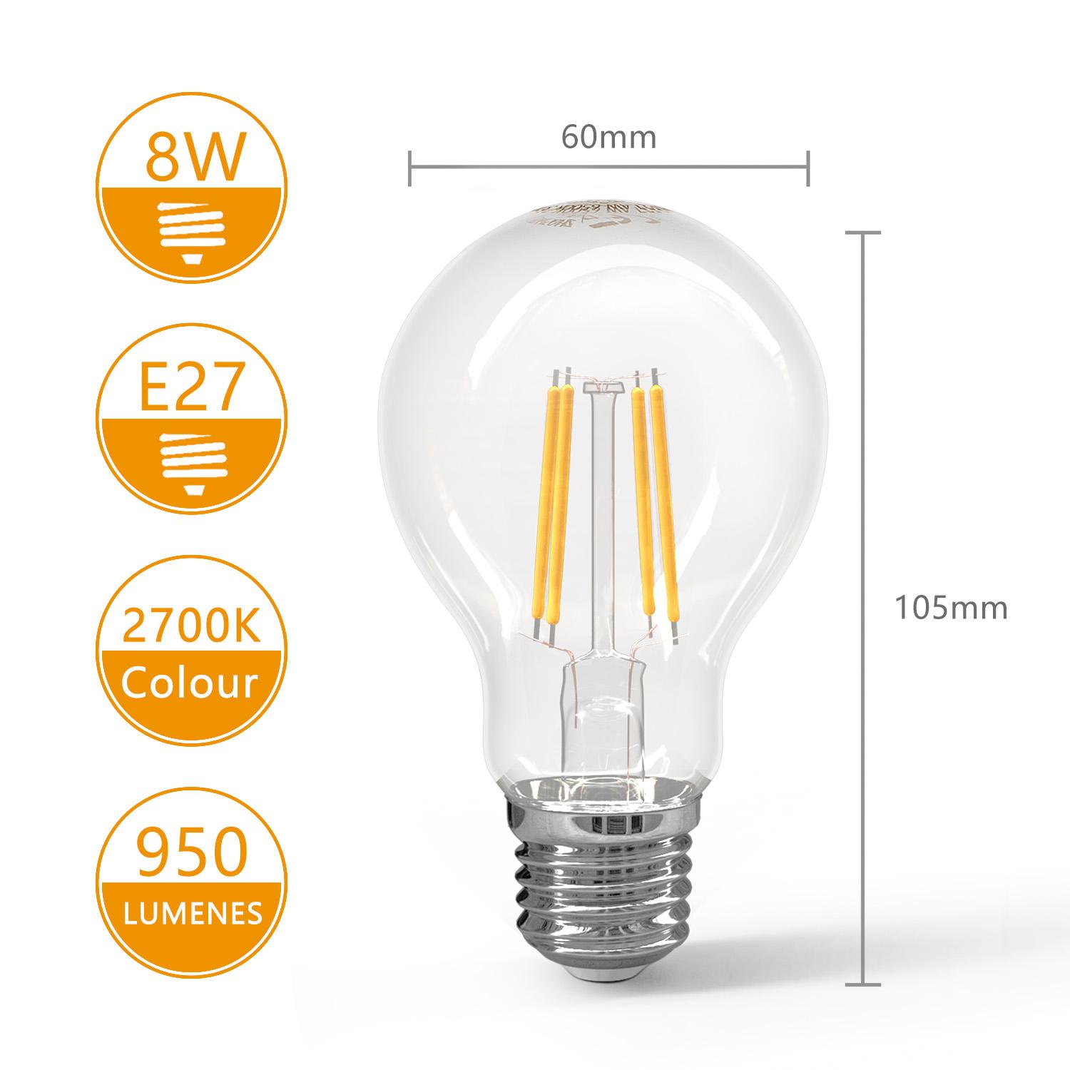 Żarówka LED Filament (Przezroczysta) A60 E27 8W(8W,E27,2700K,950lm)