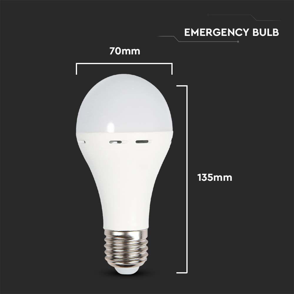 9W A70 Żarówka LED z zasilaniem awaryjnym, Czas pracy na baterii: 3 godziny, Barwa: 4000K, Trzonek: E27 , VTAC, SKU 7010