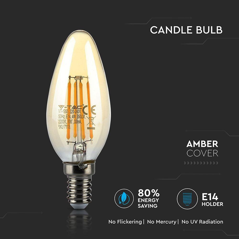 VT-1955 4W CANDLE FILAMENT BULB AMBER GLASS 2200K E14